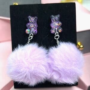 Cute Purple Gummy Bear Pom Pom Earrings New
